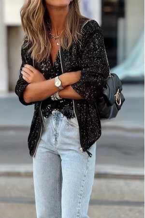 Kadın Uzun Kollu önü Fermuarlı Kısa Pulpayet Ceket