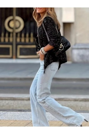 Kadın Uzun Kollu önü Fermuarlı Kısa Pulpayet Ceket