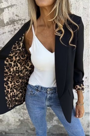 Kadın Uzun Kollu Yakalı önü Açık Leopar Desen Detaylı Astarlı Atlas Ceket
