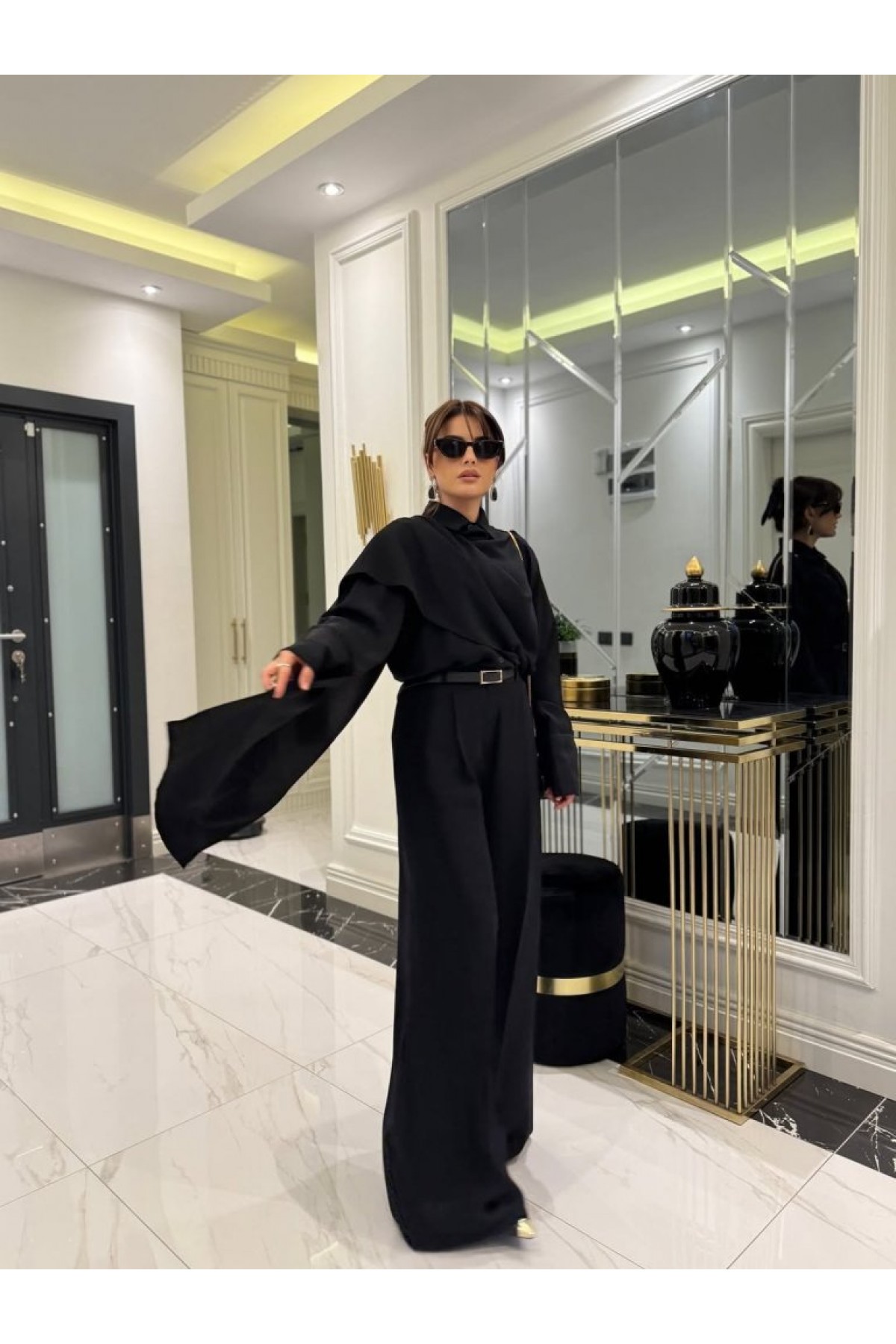 Women's Long-Sleeved Blouse and Pants Set with Shawl Detail and Belt.