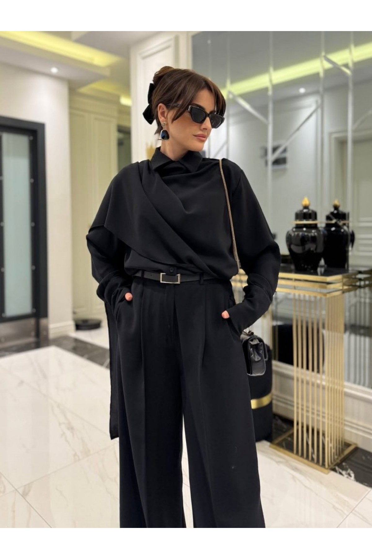 Women's Long-Sleeved Blouse and Pants Set with Shawl Detail and Belt.