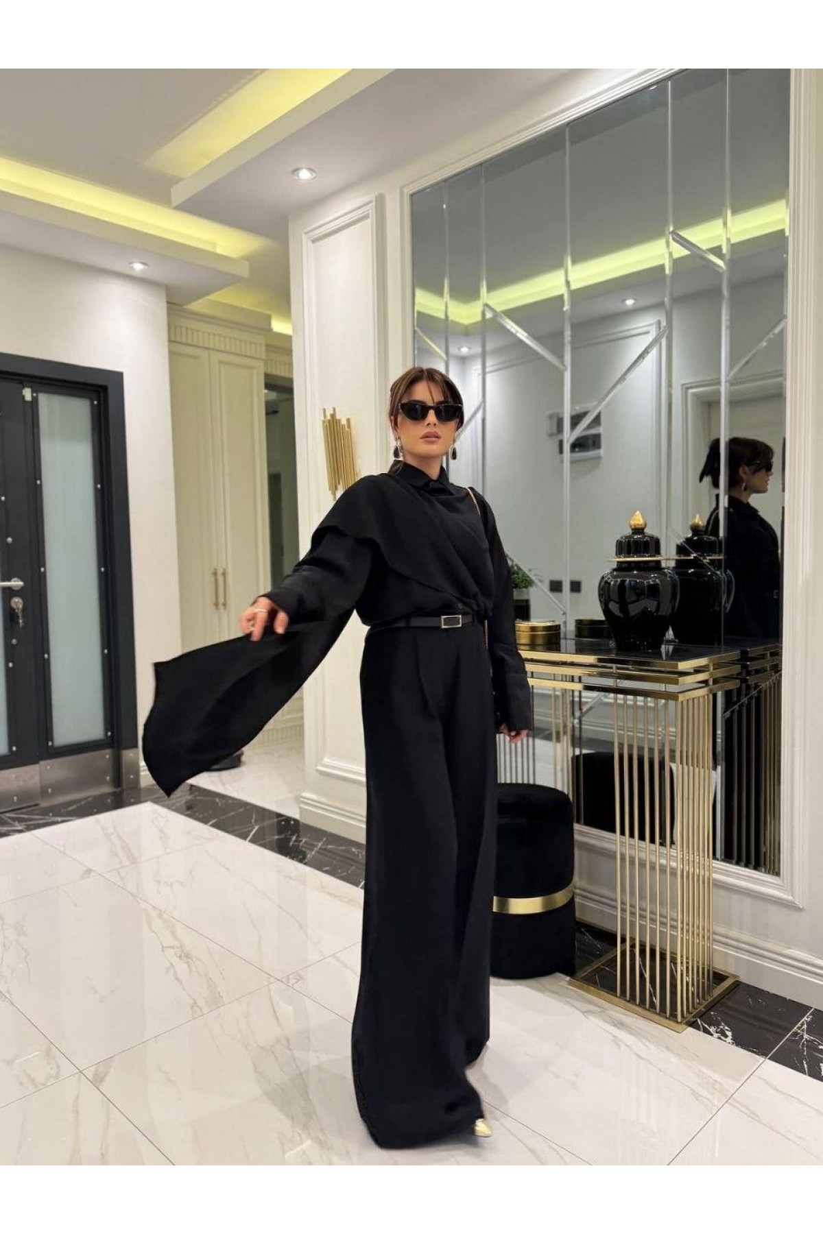 Women's Long-Sleeved Blouse and Pants Set with Shawl Detail and Belt.