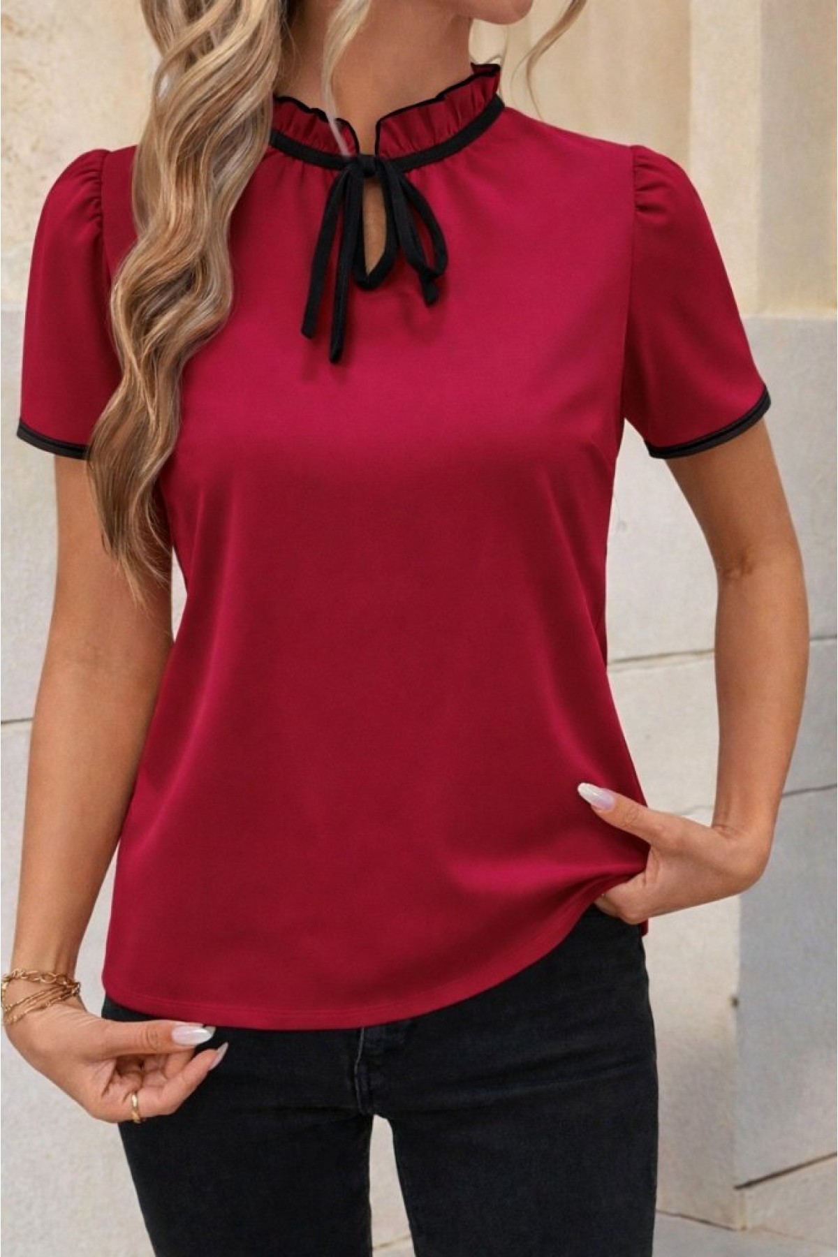 Women's Short-Sleeved Crepe Blouse with Ruffled Neckline and Lace-Up Detail
