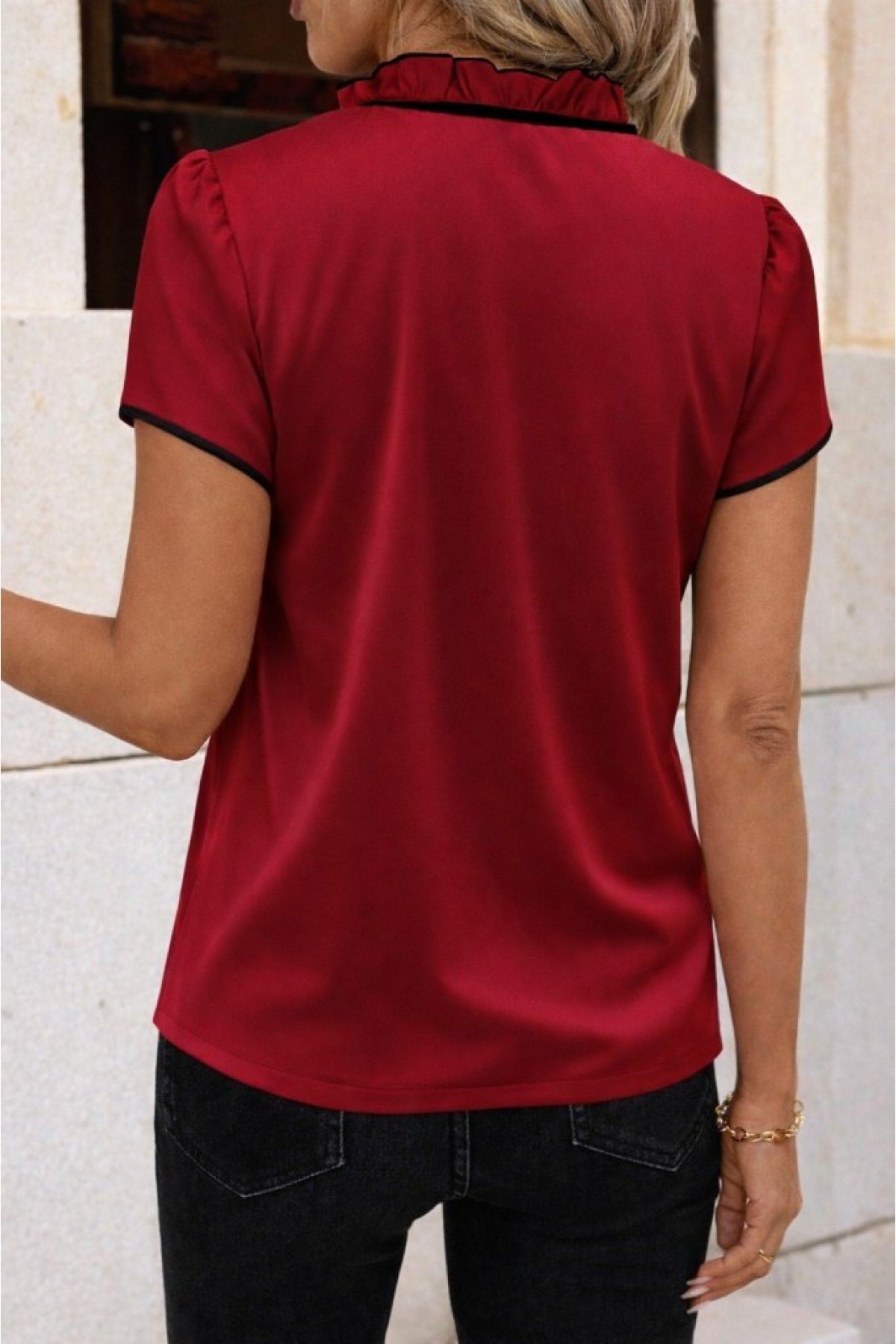 Women's Short-Sleeved Crepe Blouse with Ruffled Neckline and Lace-Up Detail