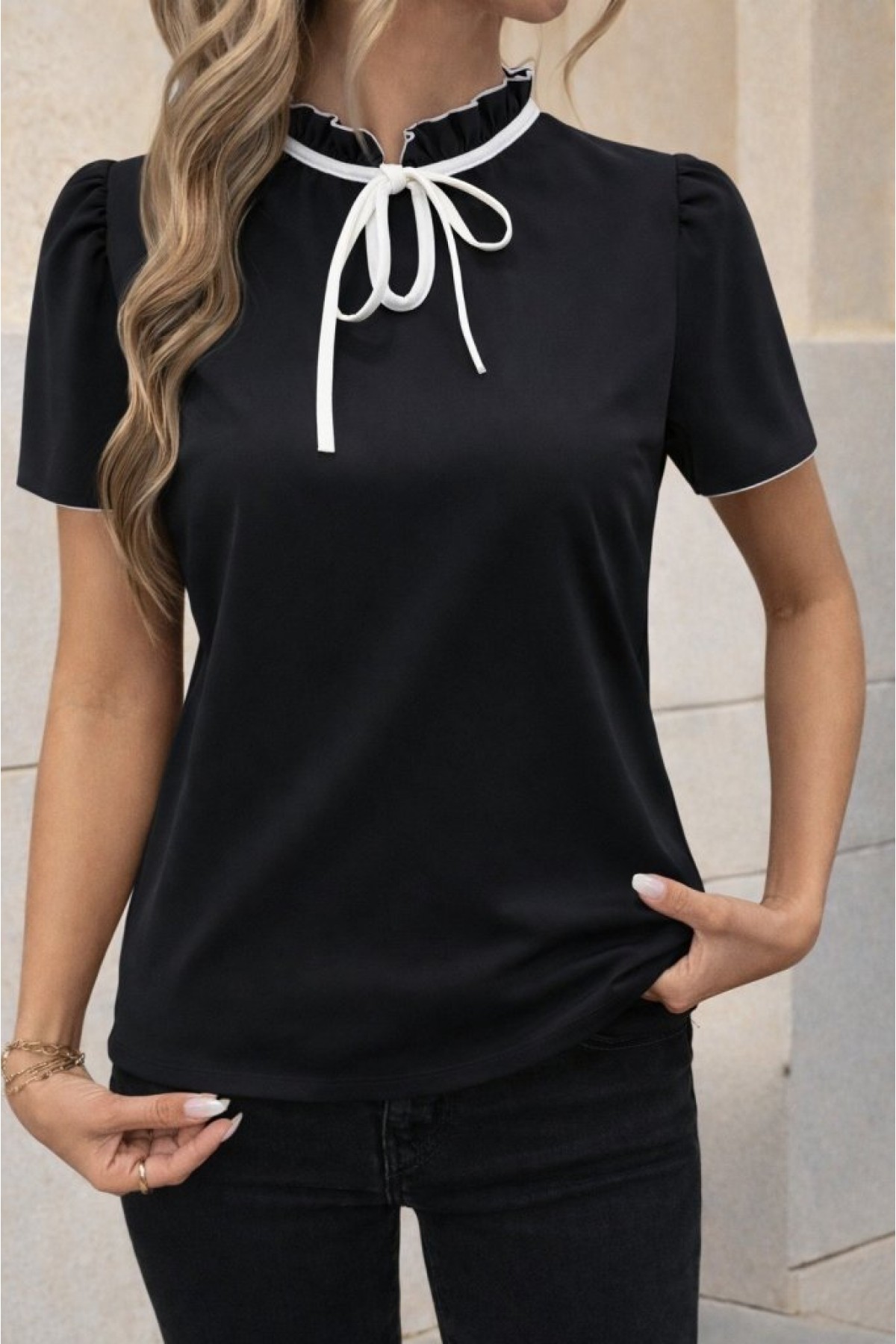 Women's Short-Sleeved Crepe Blouse with Ruffled Neckline and Lace-Up Detail