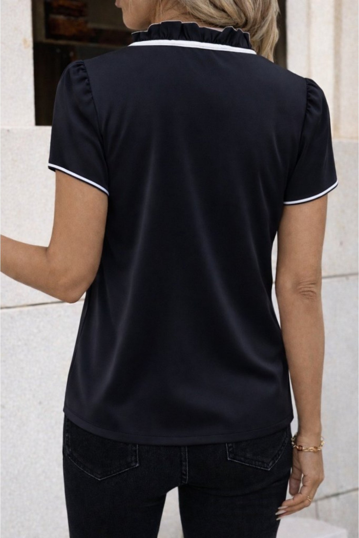 Women's Short-Sleeved Crepe Blouse with Ruffled Neckline and Lace-Up Detail