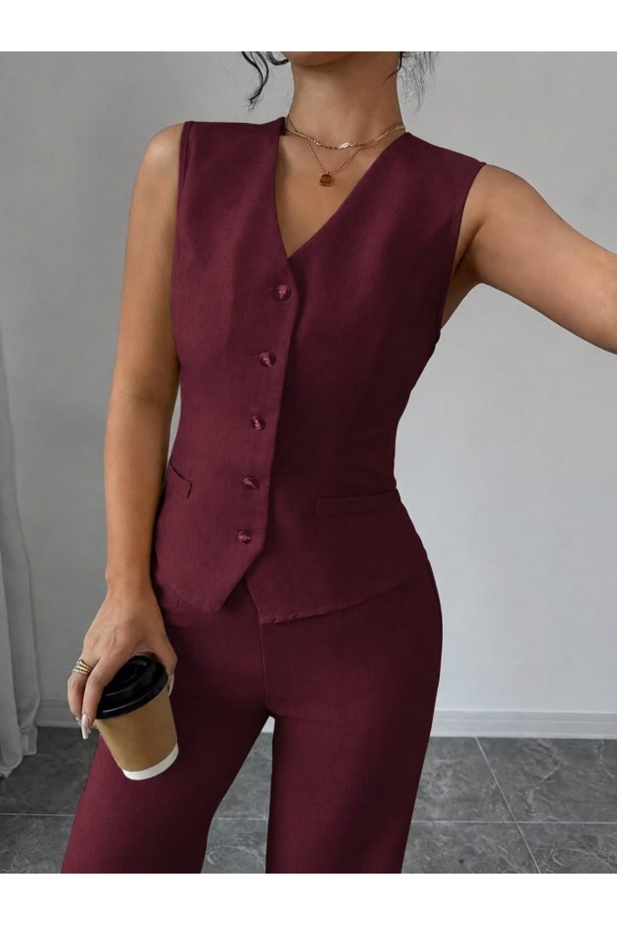 Women's Sleeveless Front Buttoned Blouse and Pants Linen Two-Piece Set