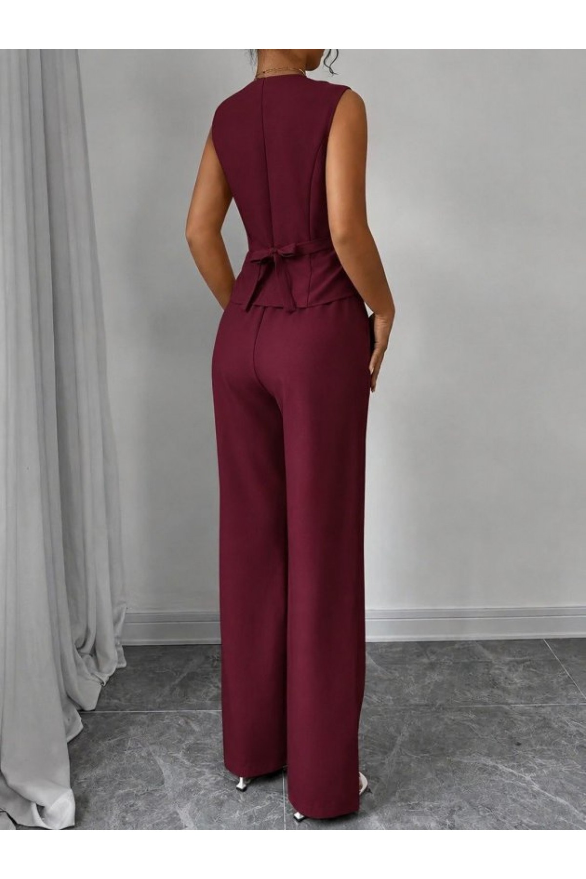 Women's Sleeveless Front Buttoned Blouse and Pants Linen Two-Piece Set