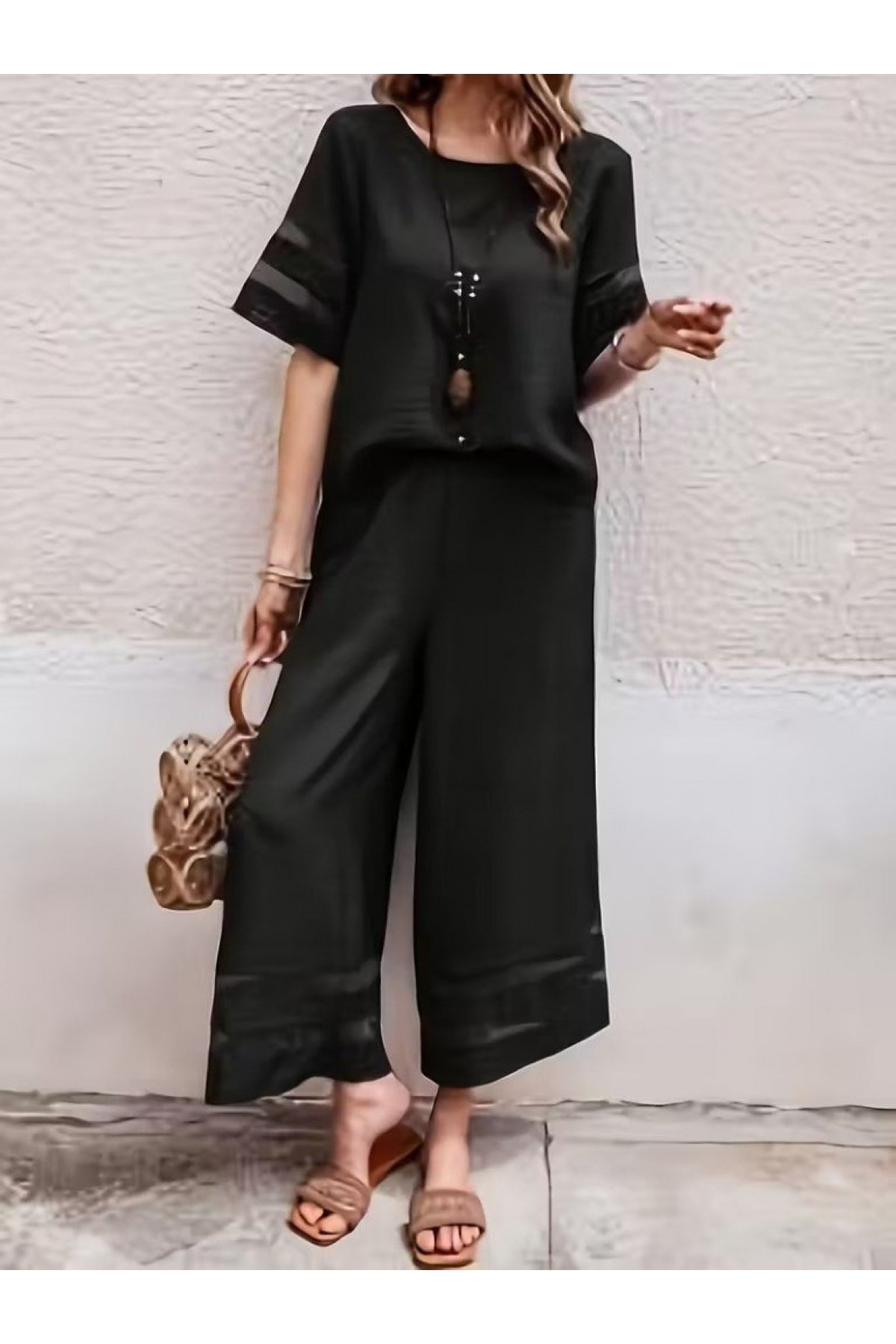 Women's Short-Sleeved Crew Neck Blouse and Pants Two-Piece Set with Tulle Ribbon Detail
