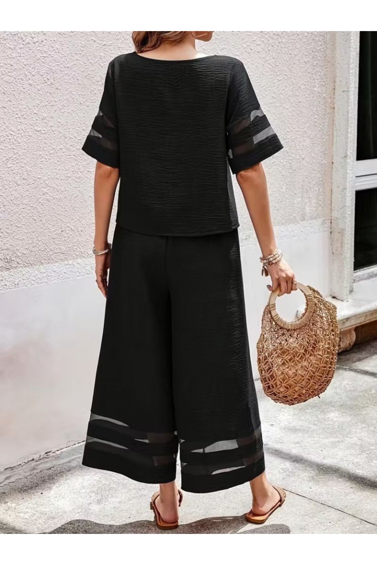 Women's Short-Sleeved Crew Neck Blouse and Pants Two-Piece Set with Tulle Ribbon Detail