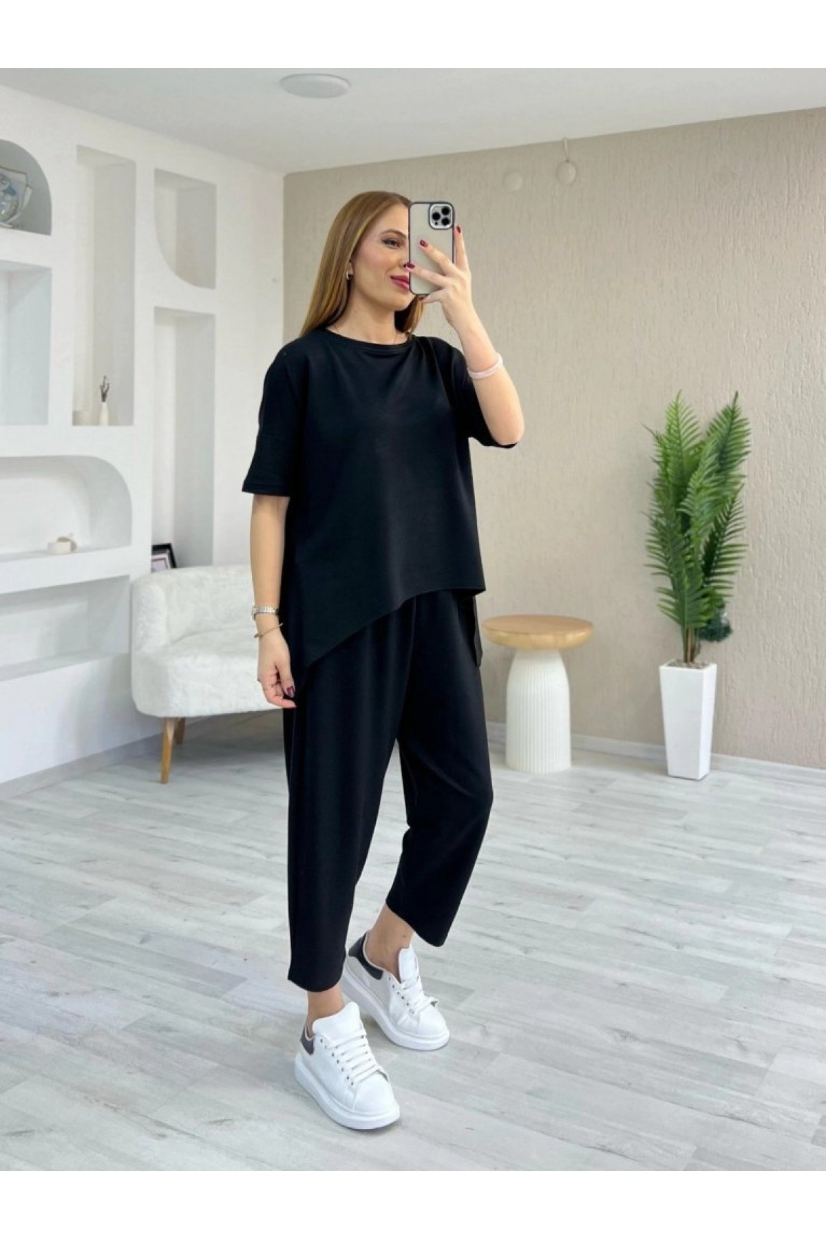 Women's Short-Sleeve Crew Neck Viscose Two-Thread Blouse and Pants Two-Piece Set