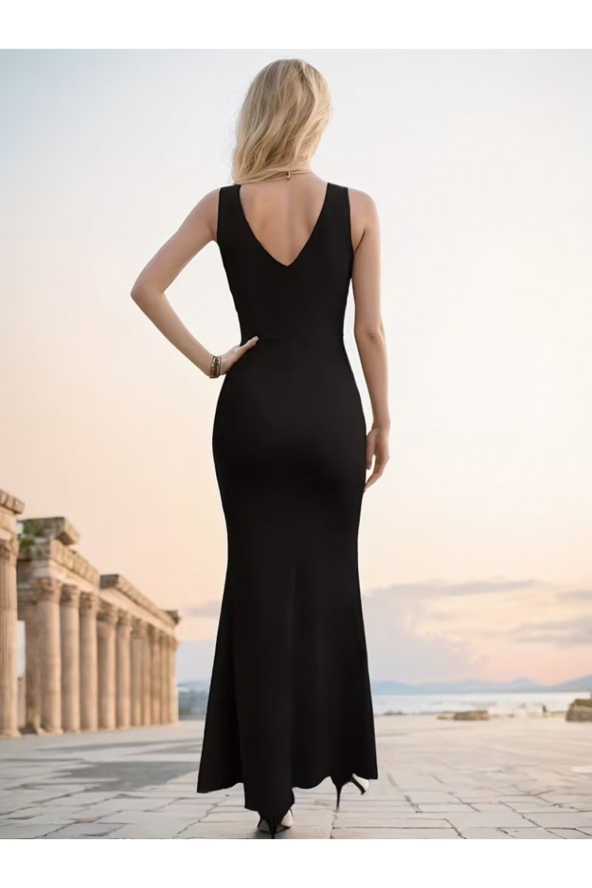 Women's Strappy Wrap Neckline Slit Long Imported Crepe Dress