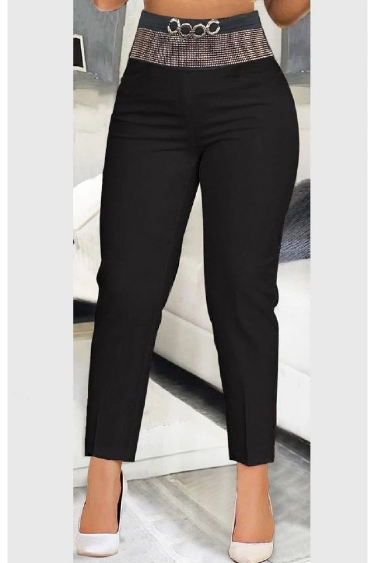 Women's High-Waisted Imported Crepe Trousers with Front Embellishments and Buckles