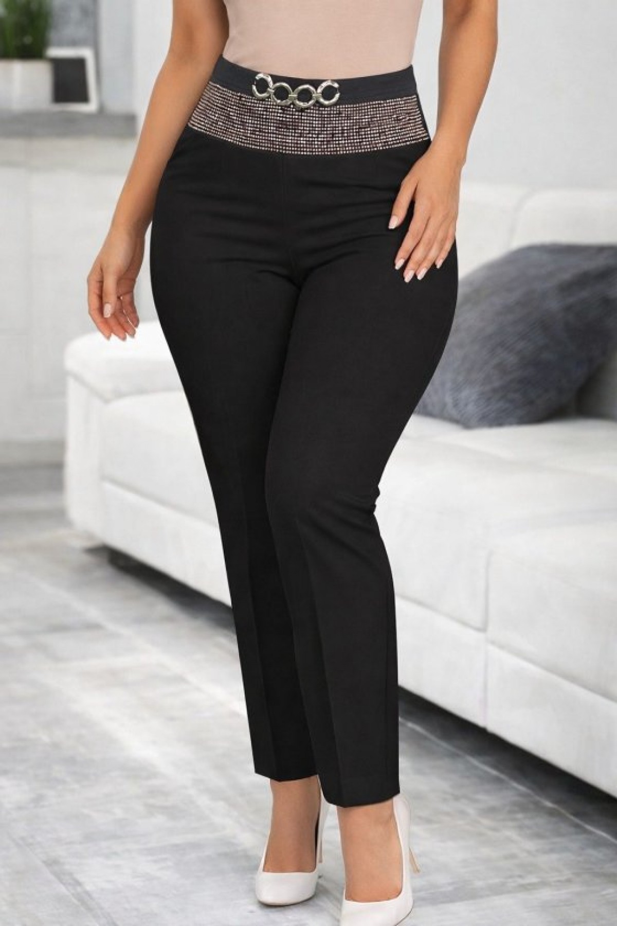 Women's High-Waisted Imported Crepe Trousers with Front Embellishments and Buckles