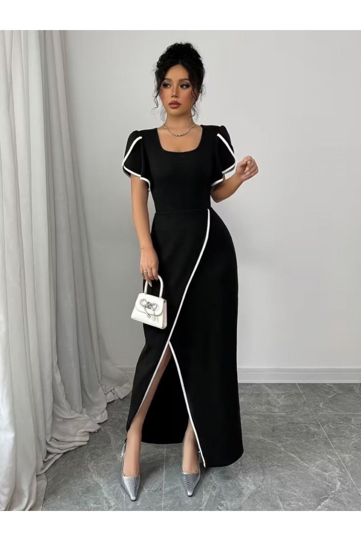 Women's Short-Sleeved Square Neck Crepe Dress with Front Cross-Cut Detail