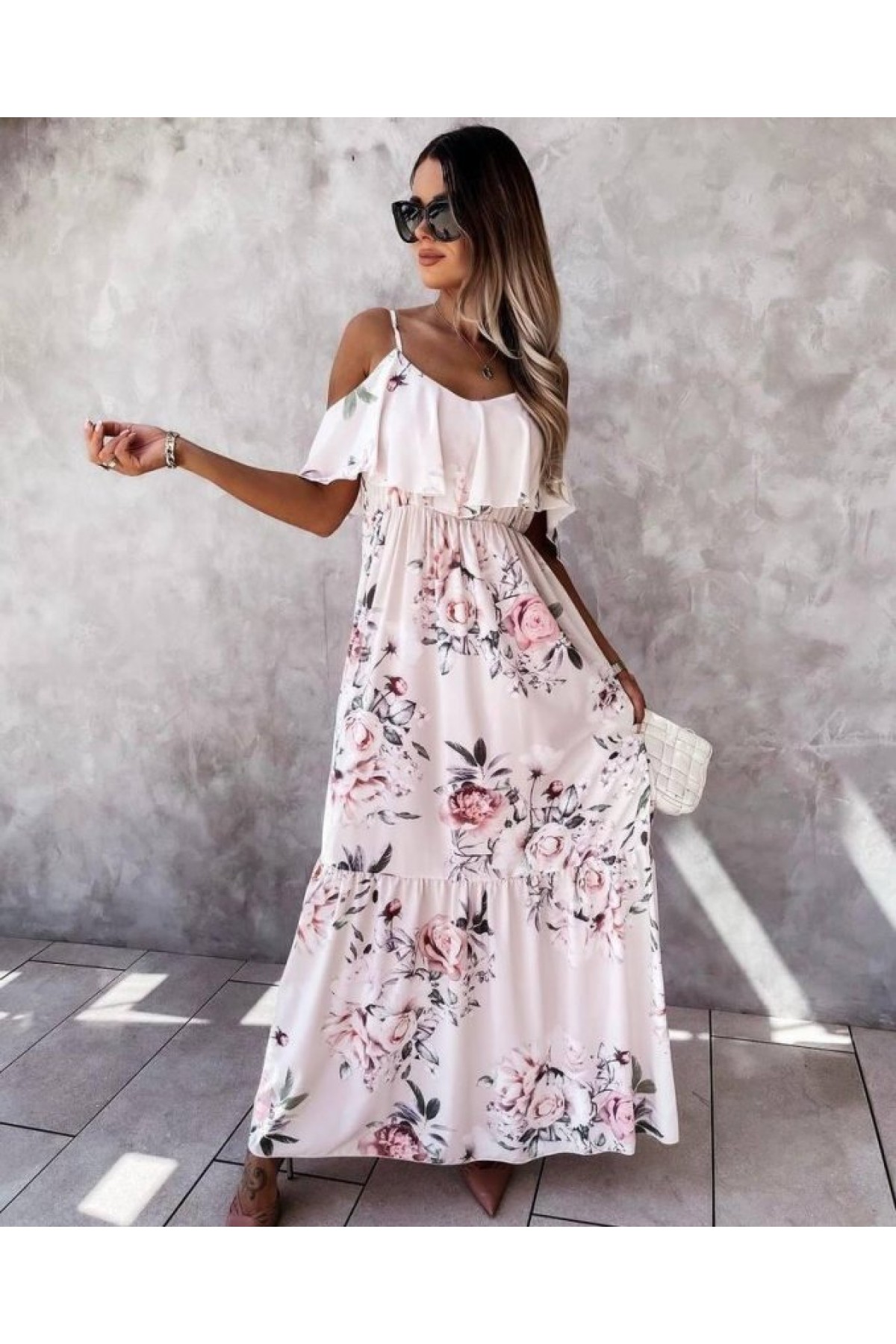 Women's Maxi Dress with Rose Pattern and Micro Fabric