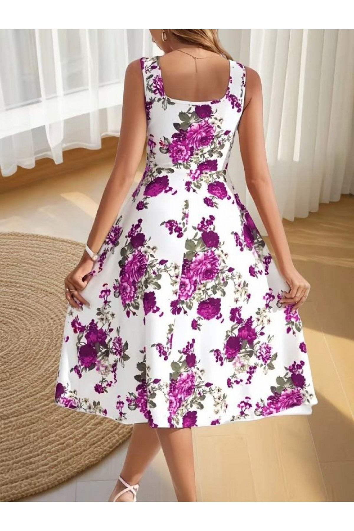 Women's Strappy Square Neck Floral Pattern Midi Scuba Dress