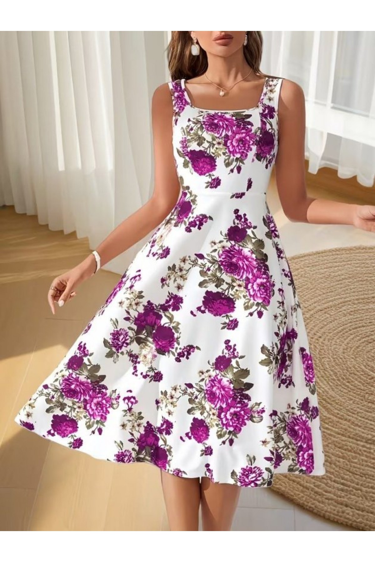 Women's Strappy Square Neck Floral Pattern Midi Scuba Dress