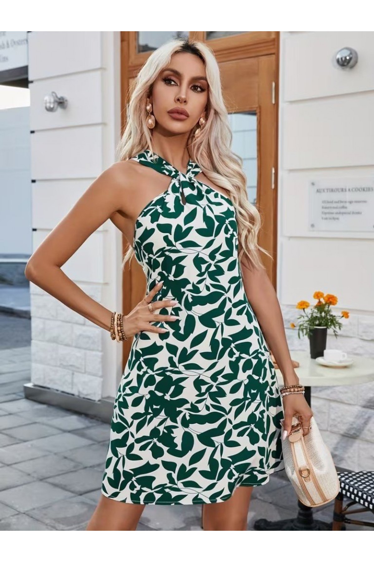 Women's Halter Neck Strapped Drop Detail Off-Shoulder Patterned Short Supreme Dress