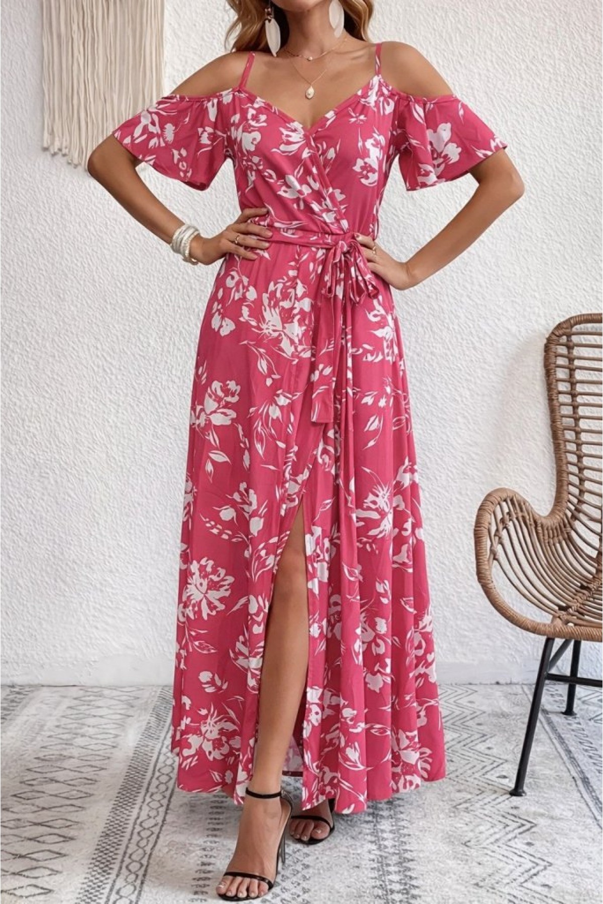 Women's Strappy Short Sleeve Wrap Neckline Slit Patterned Supreme Dress