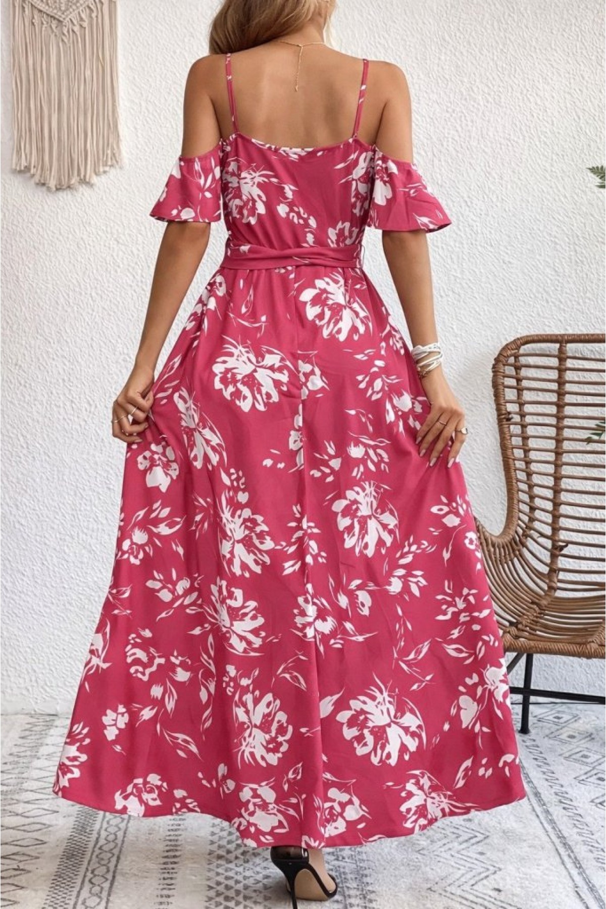 Women's Strappy Short Sleeve Wrap Neckline Slit Patterned Supreme Dress