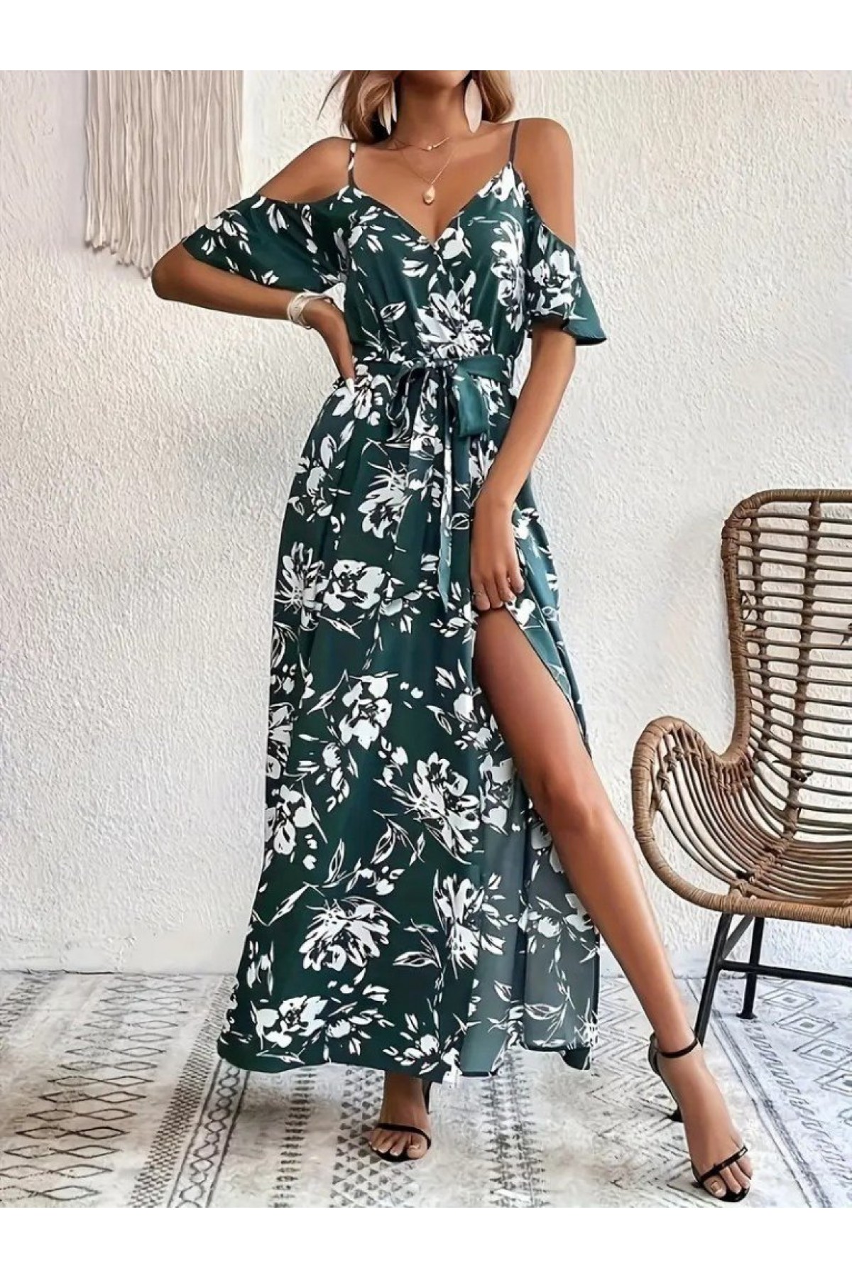 Women's Strappy Short Sleeve Wrap Neckline Slit Patterned Supreme Dress