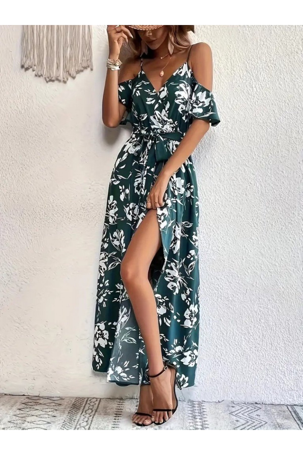 Women's Strappy Short Sleeve Wrap Neckline Slit Patterned Supreme Dress
