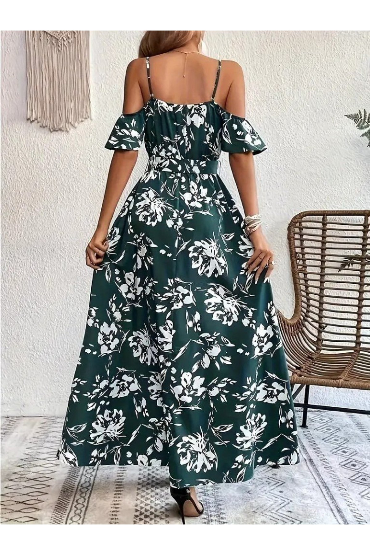 Women's Strappy Short Sleeve Wrap Neckline Slit Patterned Supreme Dress detay görseli