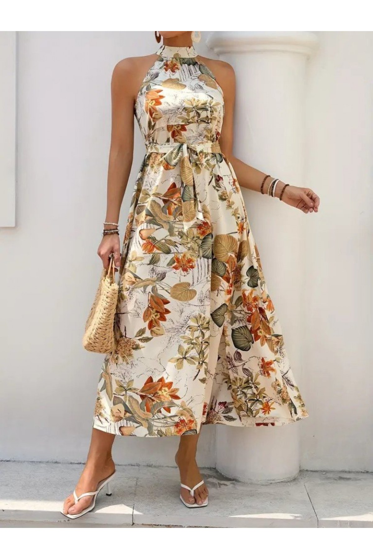 Women's Off-Shoulder Halter Neck Slit Floral Patterned Supreme Dress