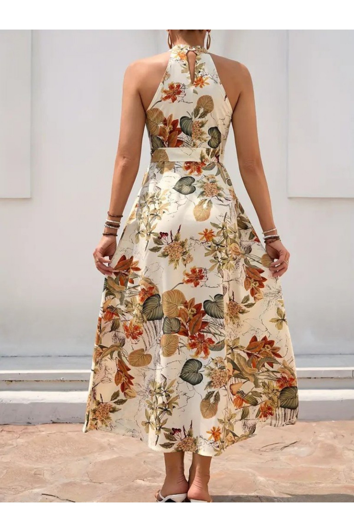 Women's Off-Shoulder Halter Neck Slit Floral Patterned Supreme Dress