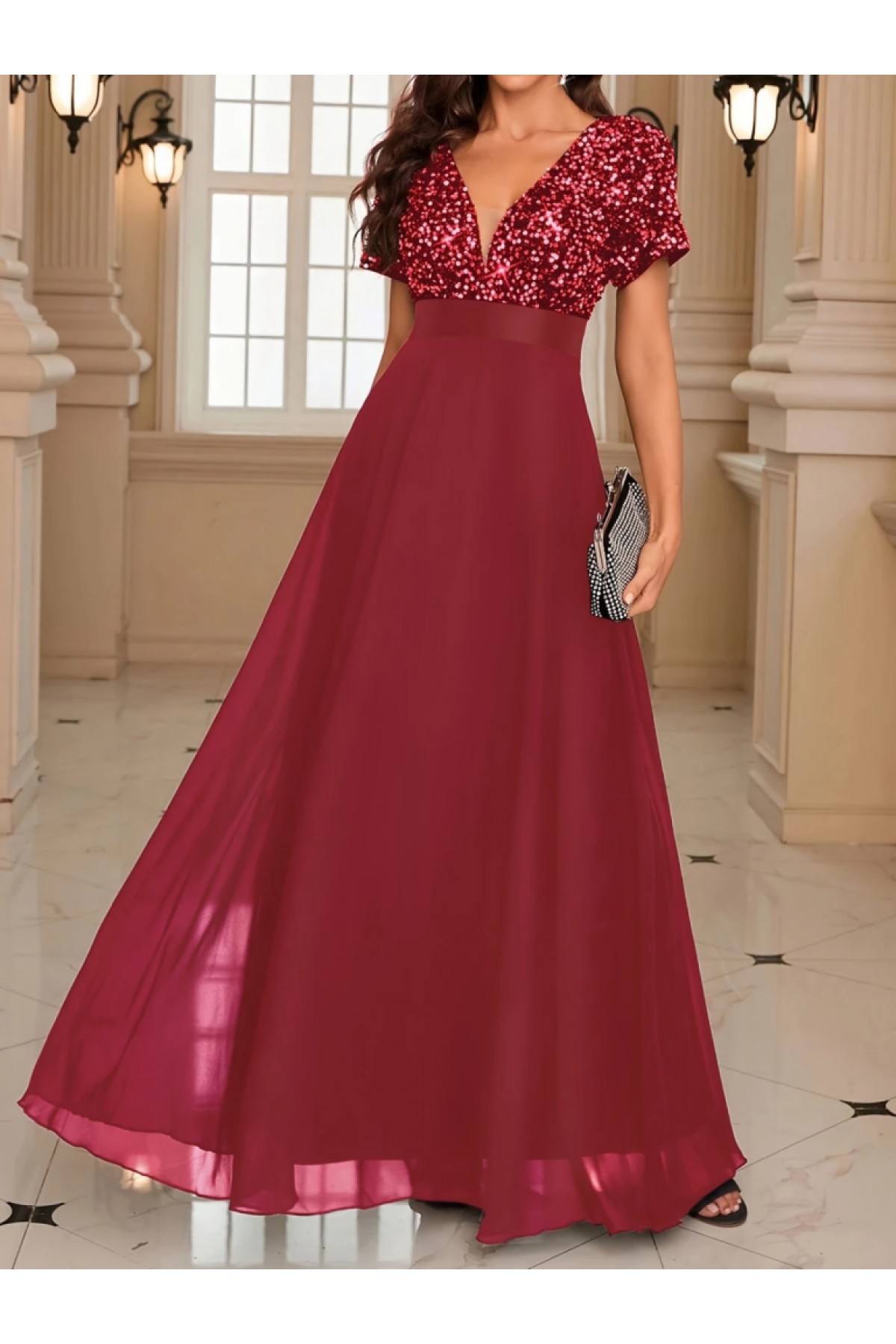 Women's Short-Sleeved Deep V-Neck A-Line Chiffon Bridesmaid Dress with Sequin Details