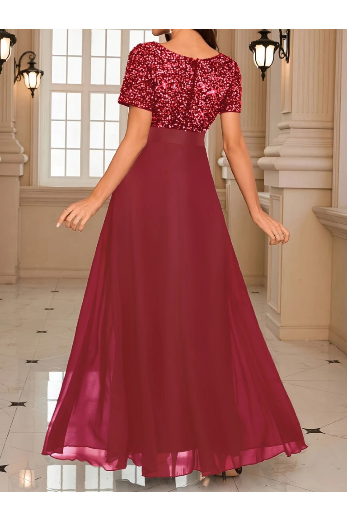Women's Short-Sleeved Deep V-Neck A-Line Chiffon Bridesmaid Dress with Sequin Details