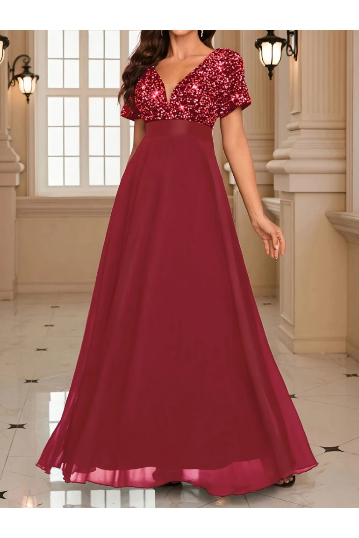 Women's Short-Sleeved Deep V-Neck A-Line Chiffon Bridesmaid Dress with Sequin Details
