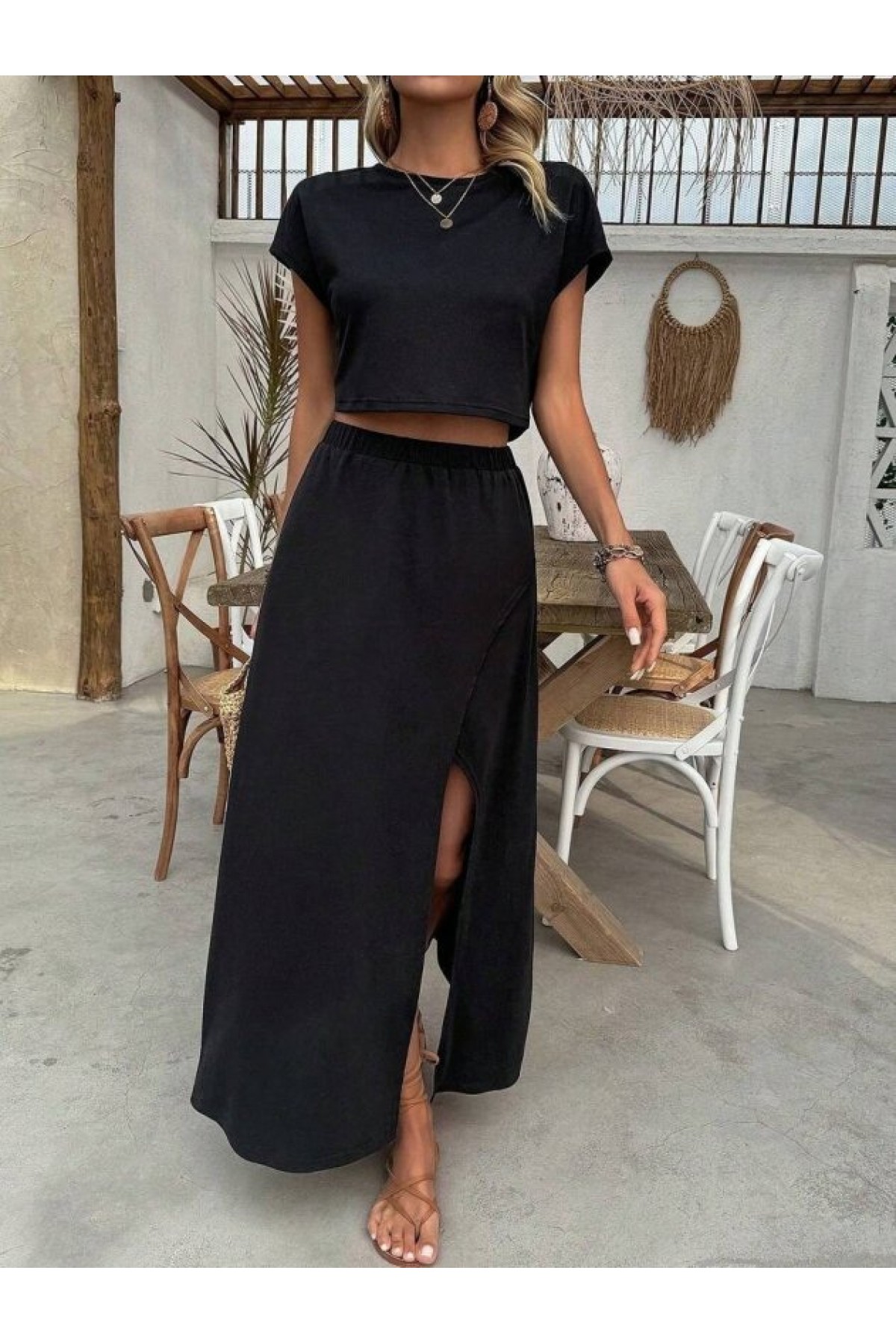 Women's Short-Sleeve Crew Neck Viscose Crop Blouse and Long Skirt Two-Piece Set
