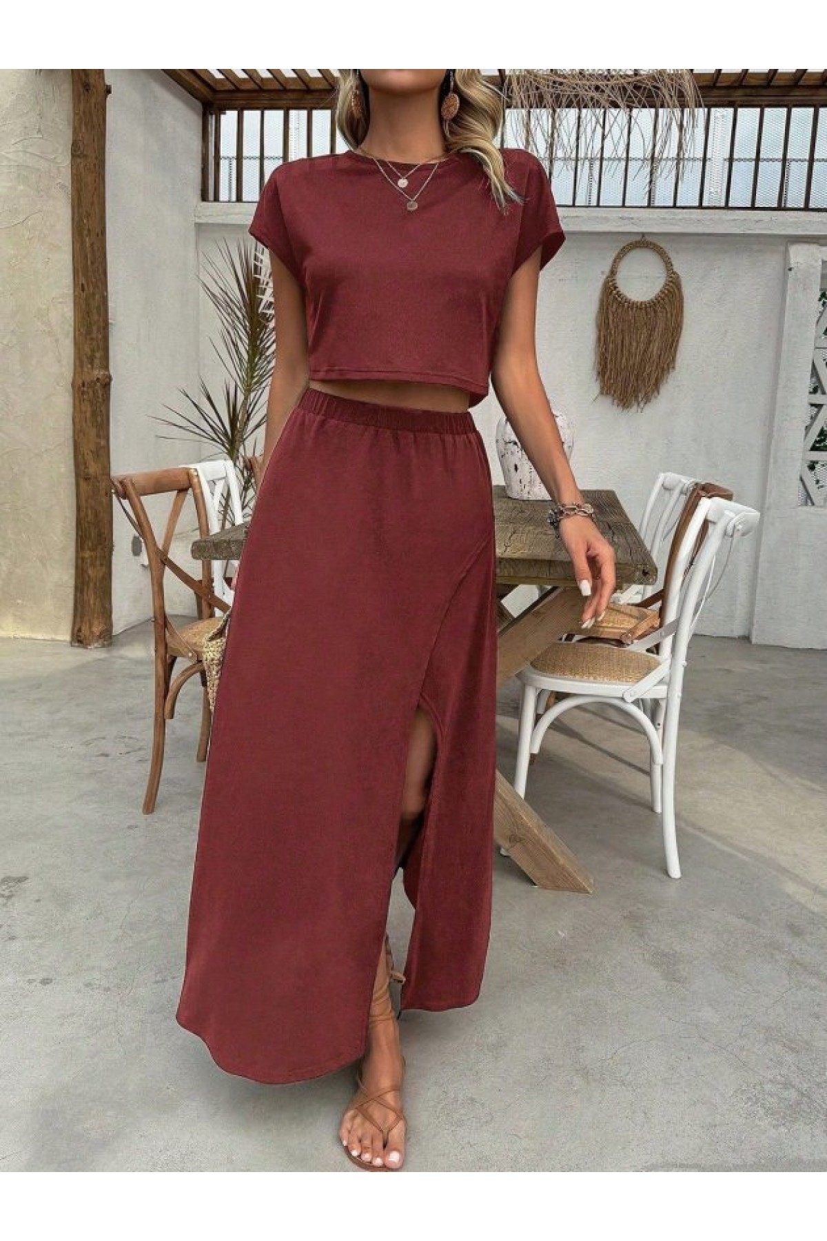 Women's Short-Sleeve Crew Neck Viscose Crop Blouse and Long Skirt Two-Piece Set