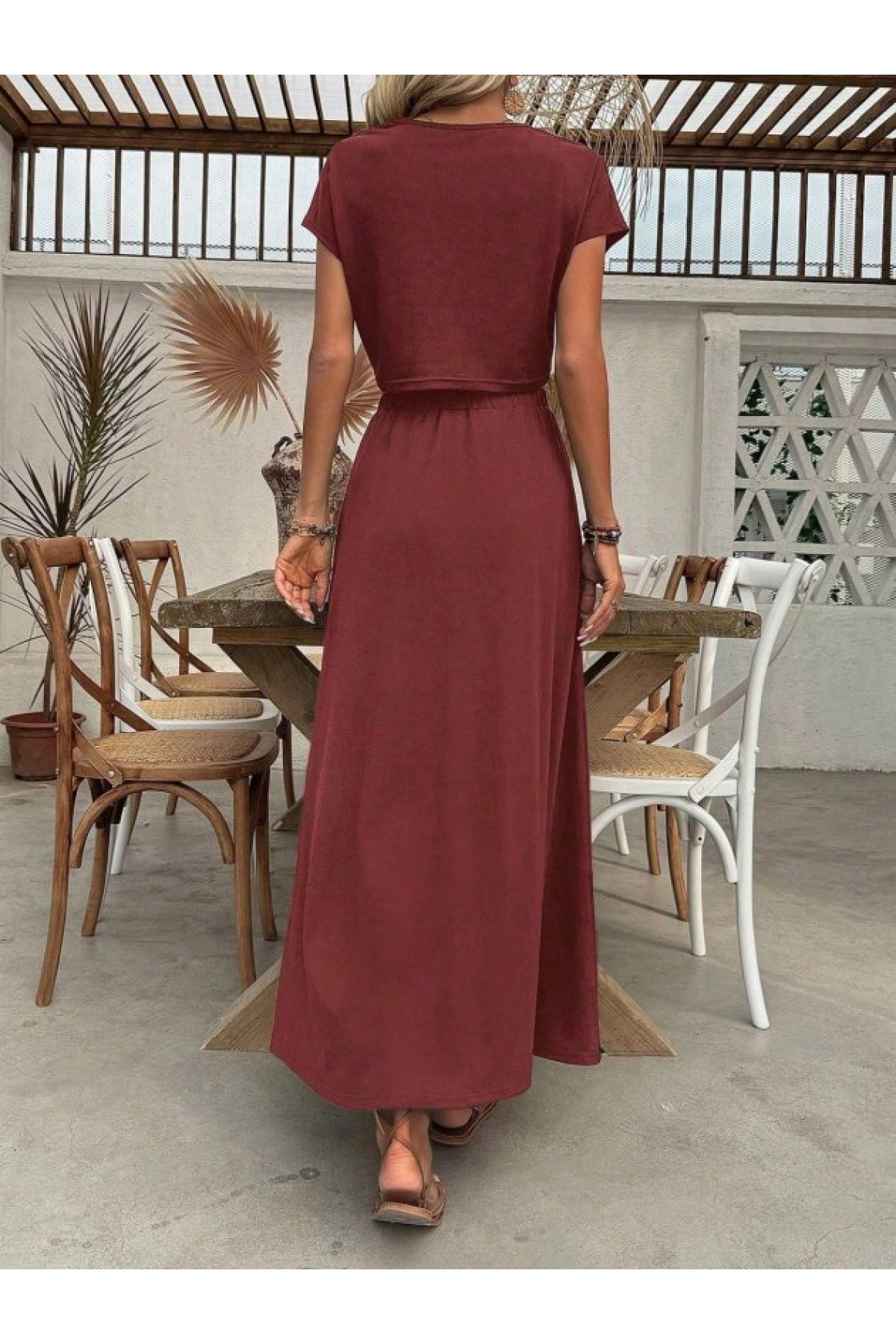Women's Short-Sleeve Crew Neck Viscose Crop Blouse and Long Skirt Two-Piece Set