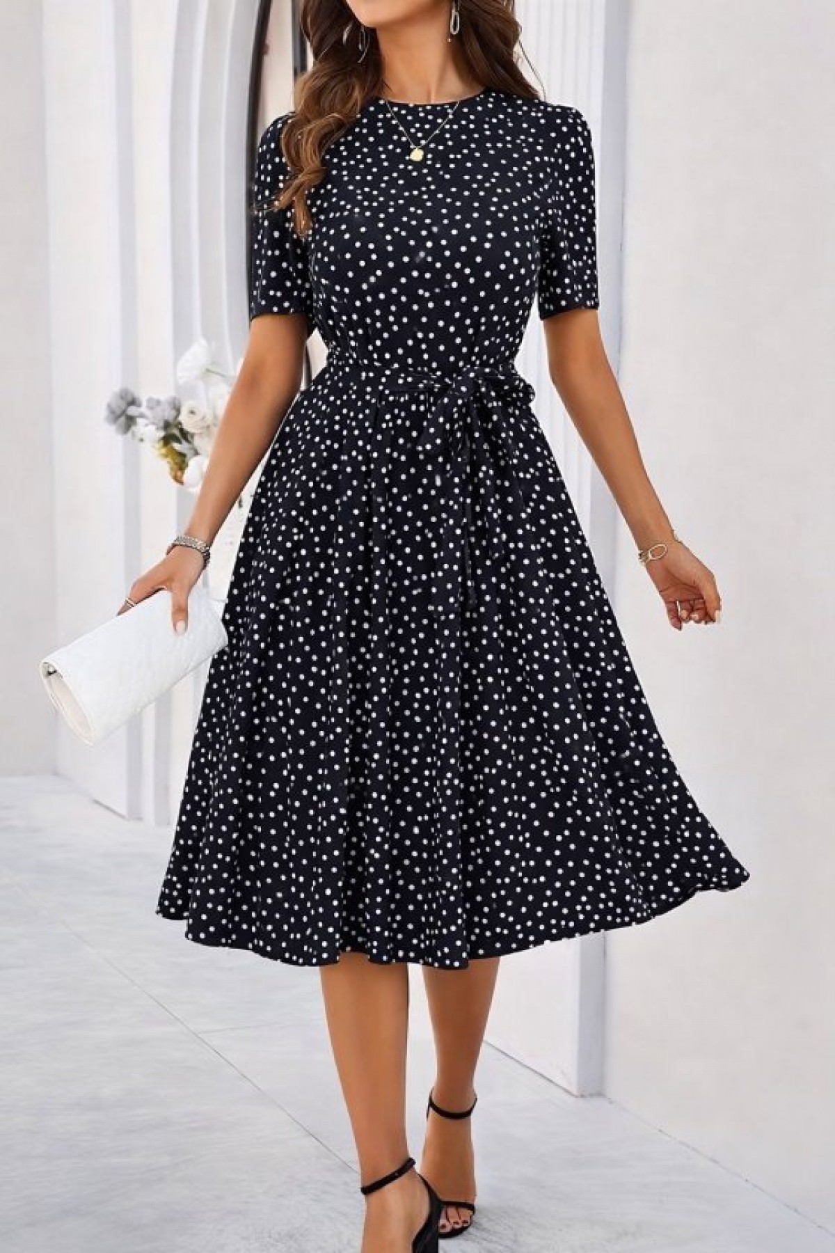 Women's Short-Sleeved Crew Neck Polka Dot Short Supreme Dress