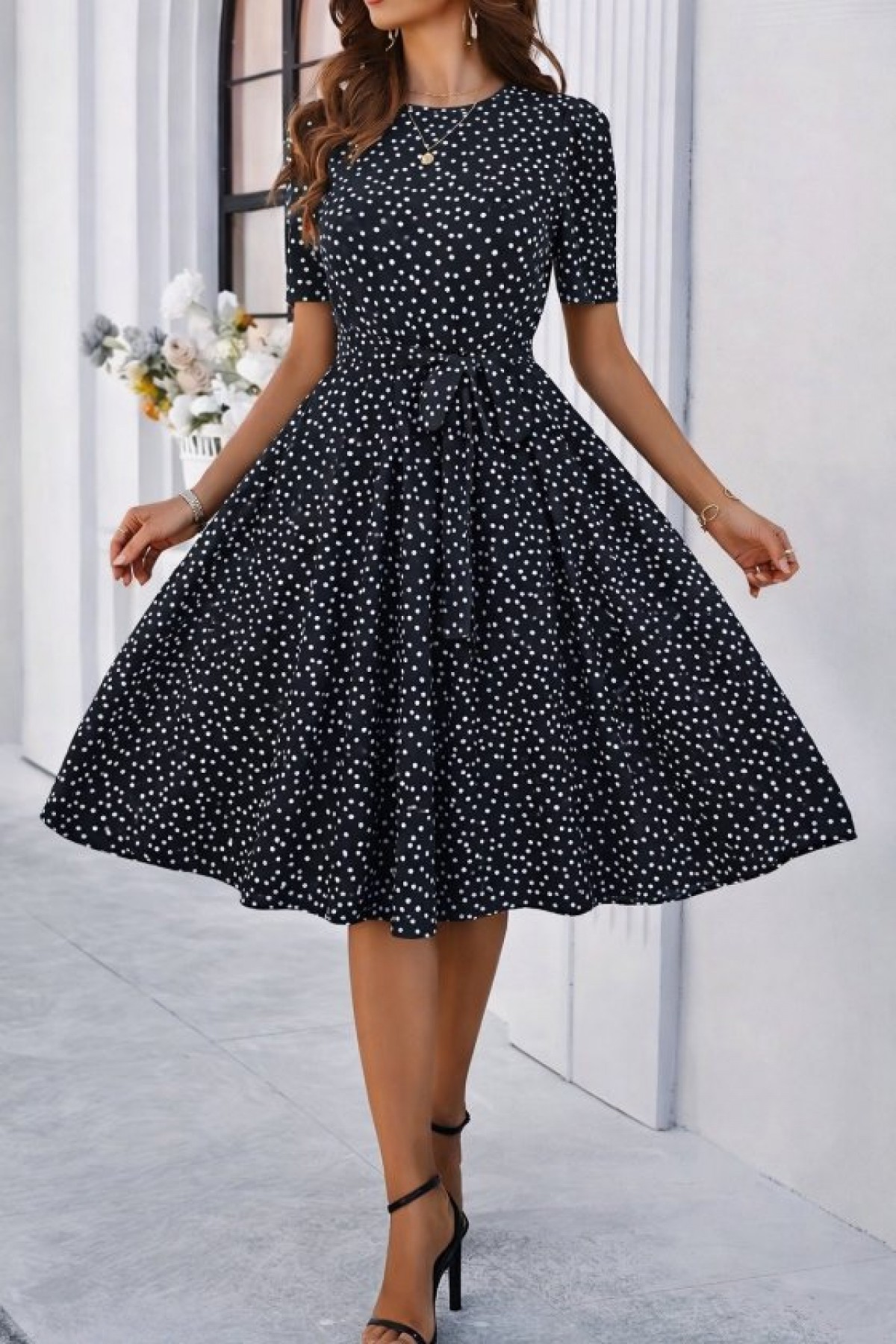 Women's Short-Sleeved Crew Neck Polka Dot Short Supreme Dress