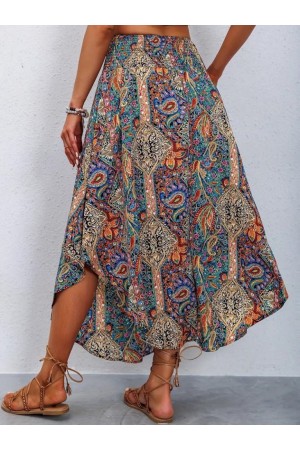 Kadın Beli Lastikli Bağcıklı Asimetrik Kesim Detaylı Desenli Bürümcük Etek