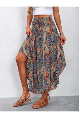 Kadın Beli Lastikli Bağcıklı Asimetrik Kesim Detaylı Desenli Bürümcük Etek