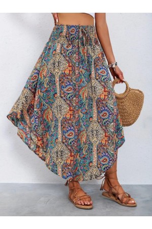 Kadın Beli Lastikli Bağcıklı Asimetrik Kesim Detaylı Desenli Bürümcük Etek