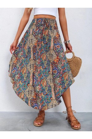 Kadın Beli Lastikli Bağcıklı Asimetrik Kesim Detaylı Desenli Bürümcük Etek