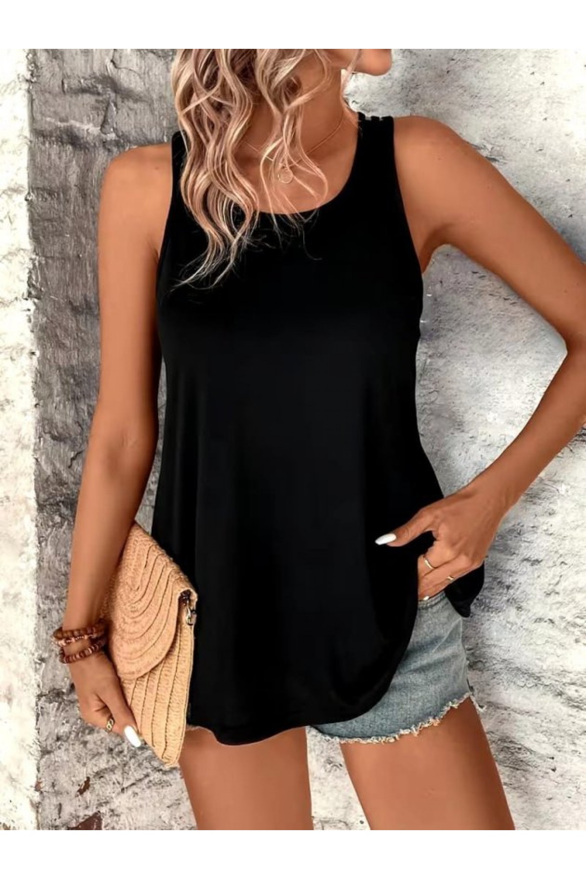 Women's Strappy Round Neck Viscose Blouse with Back Stripe Detail
