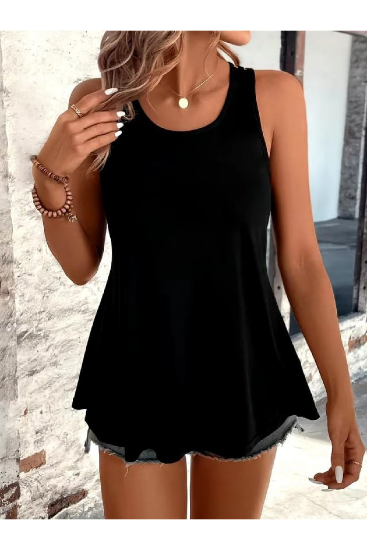 Women's Strappy Round Neck Viscose Blouse with Back Stripe Detail