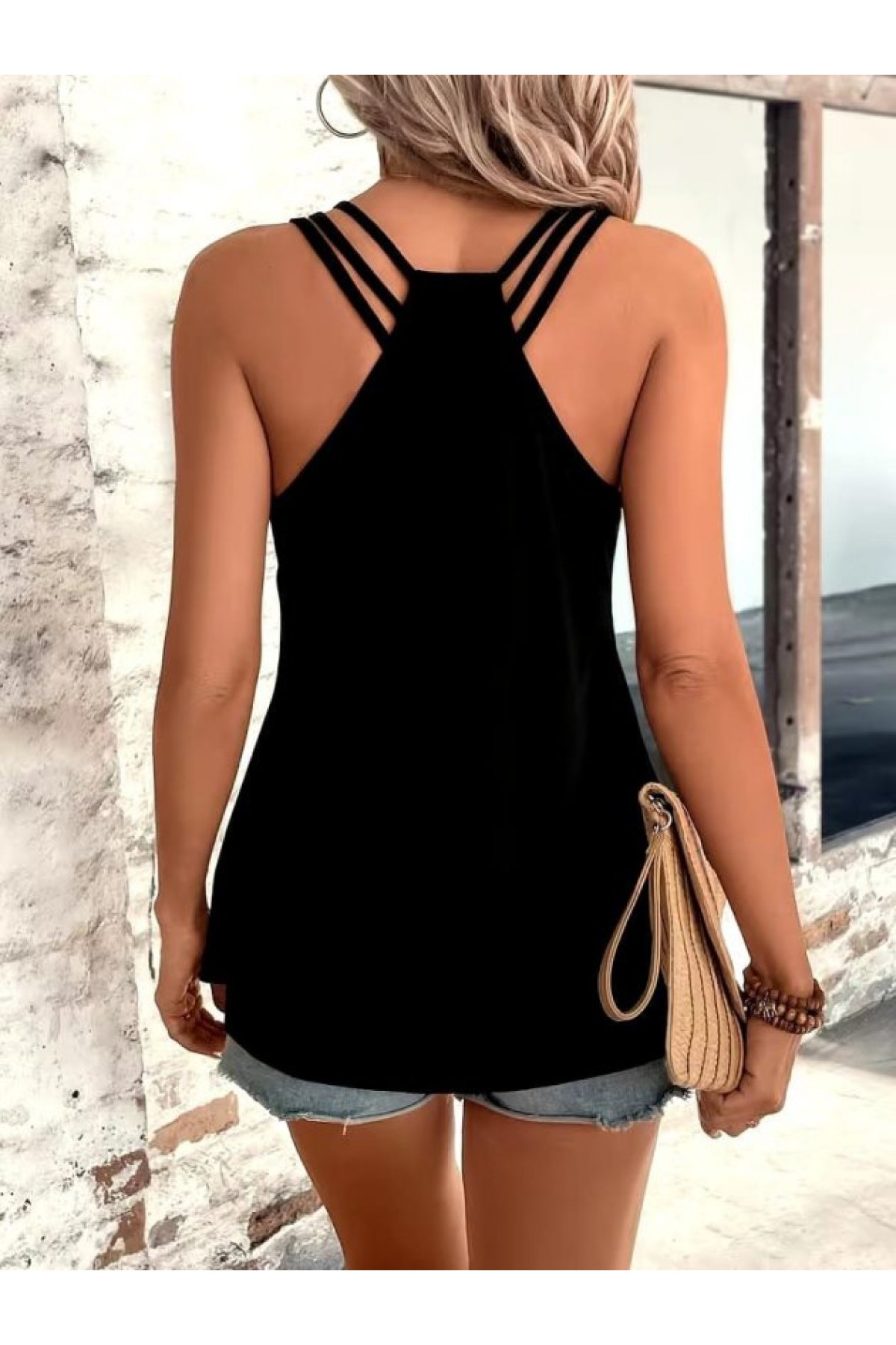 Women's Strappy Round Neck Viscose Blouse with Back Stripe Detail