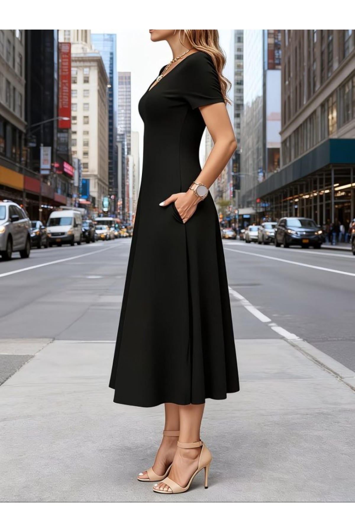 Women's Short-Sleeved V-Neck Midi Viscose Dress with Pockets