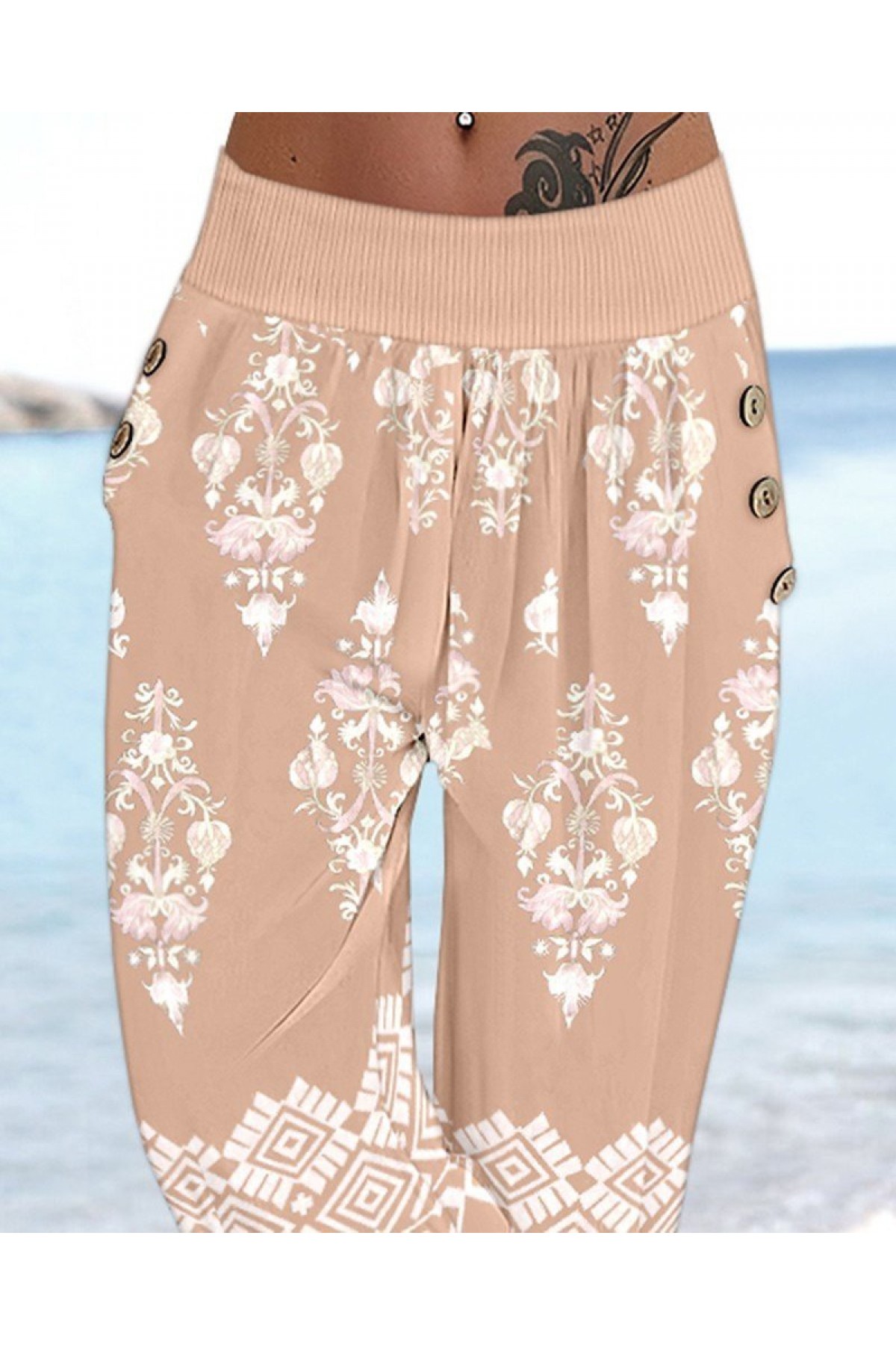 Women's Elastic Waist Ethnic Patterned Capri Supreme Pants