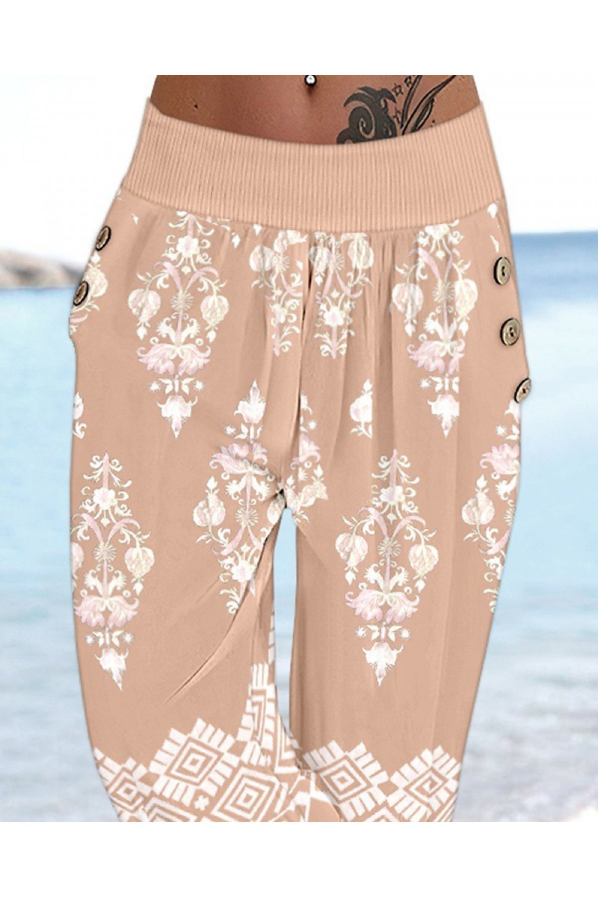 Women's Elastic Waist Ethnic Patterned Capri Supreme Pants