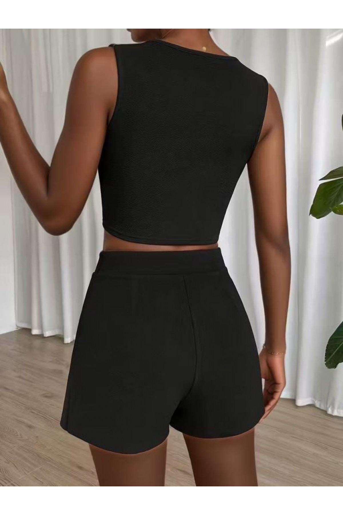 Women's Strappy Round Neck Crop Flare Blouse and Shorts Skirt Two-Piece Set