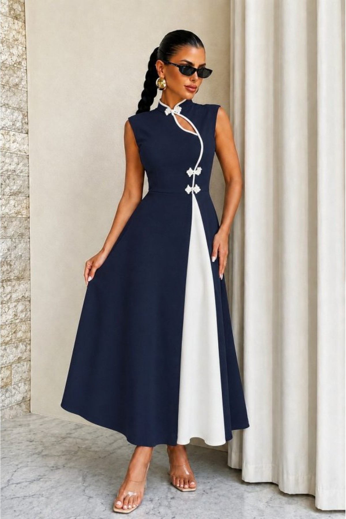 Women's Sleeveless, Stand-Up Collar, Teardrop Detail, Gentle Button Long Crepe Dress